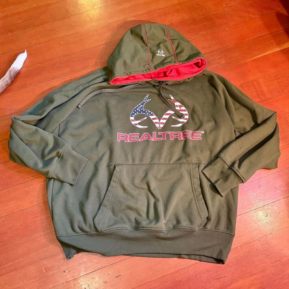 Realtree Men's Fleece Green and Red Hoodie with Camo Logo